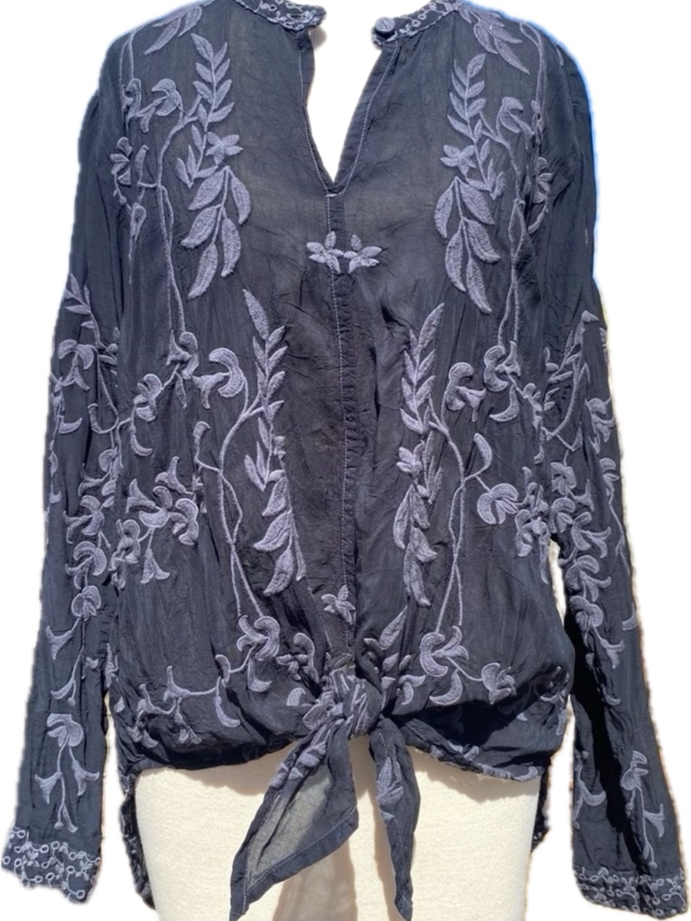 Johnny Was Black Embroidered Tie-Front Blouse